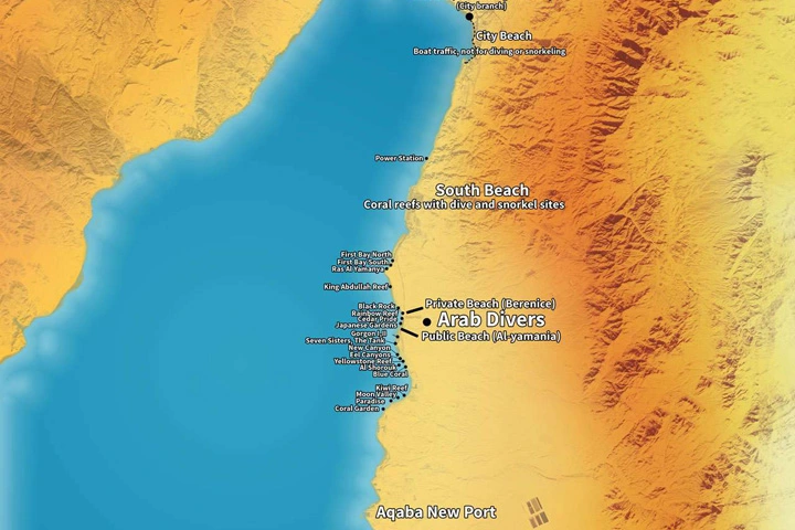 Map of dive sites around Aqaba